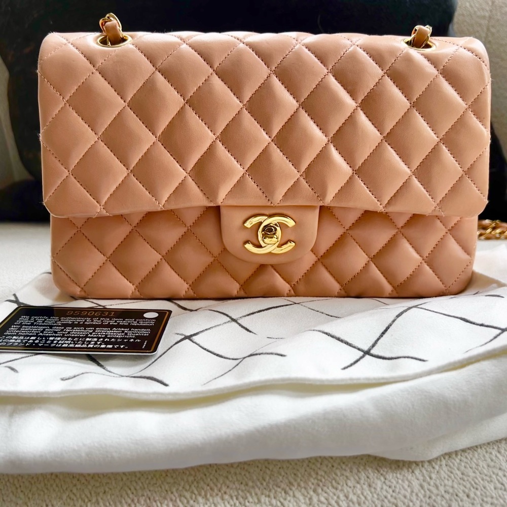 Chanel Peach Beige Lambskin Medium Classic Double Flap 24k gold HW